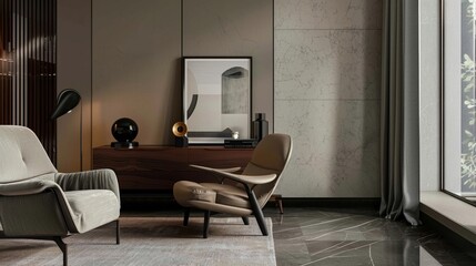 Contemporary living space with a plush armchair and sleek sideboard neutral tones minimalist design cozy feel