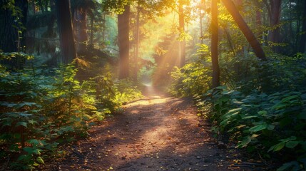 Obraz premium Sunlight dances on a serene nature path, weaving its way through the dense forest and inviting you to explore its hidden beauty