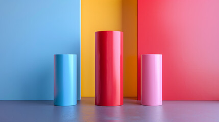 Three tall cylinders of different colors are standing in front of a yellow wall