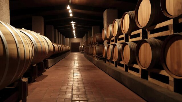 Slow motion wine cellar with wooden barrels of old wine. Distillery production warehouse.