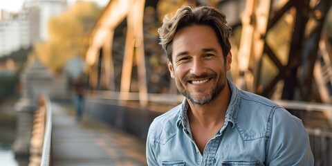 Portrait of happy mature man in jeans against rustic bridge backdrop. Concept Outdoor Photoshoot, Joyful Portraits, Rustic Backdrop, Mature Man, Denim Fashion - Powered by Adobe