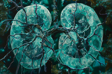 Illustration of kidneys surrounded by chaotic, overlapping green and black lines, highlighting renal toxicity,