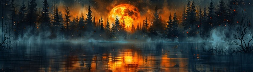 Mysterious and enchanting landscape with a blood moon rising over a foggy forest, reflected in a still lake at dusk.