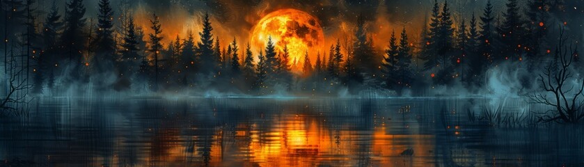 Fototapeta premium Mysterious and enchanting landscape with a blood moon rising over a foggy forest, reflected in a still lake at dusk.