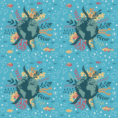 Repeating seamless pattern with Planet Earth and fish. 
