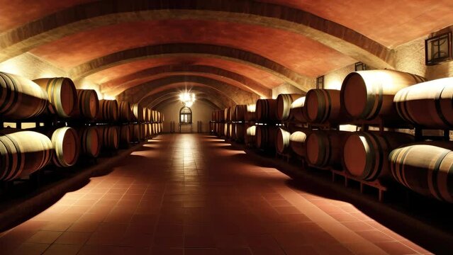 Slow motion wine cellar with wooden barrels of old wine. Distillery production warehouse.