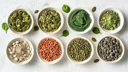 healthy ingredients such as brown algae, spinach, nuts, pumpkin seeds, and beans elegantly arranged on a pristine white background.