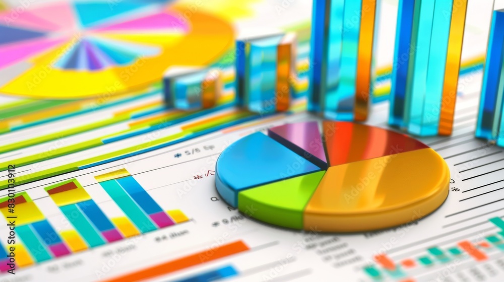 Poster a financial report with colorful pie charts and bar graphs, summarizing key metrics and performance 