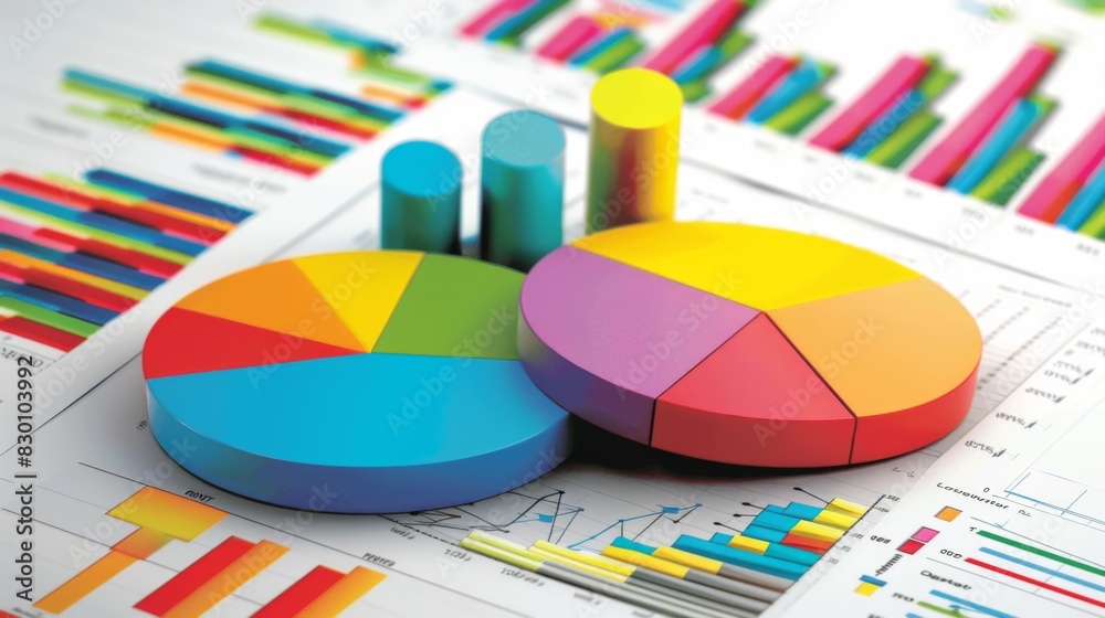 Poster a financial report with colorful pie charts and bar graphs, summarizing key metrics and performance 
