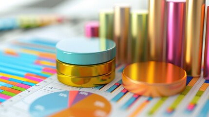 A financial report with colorful pie charts and bar graphs, summarizing key metrics and performance indicators.