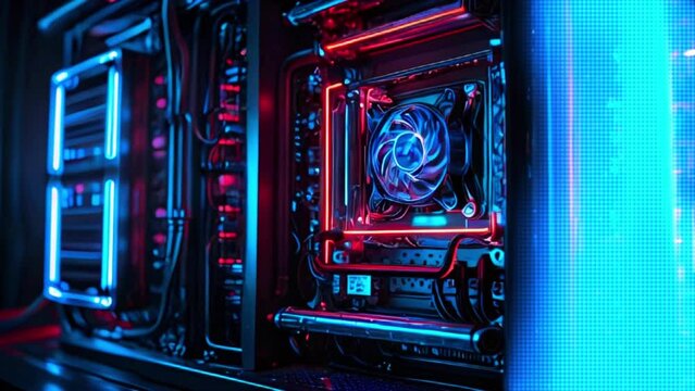 Computer with water cooling system.Inside of air cooled high performance modern