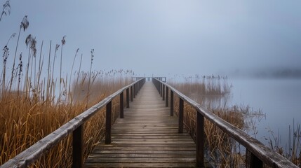 Fototapeta premium View of a wooden pier with reeds and mist in the sky seen during a hike