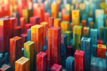 Obraz premium Illustration of an abstract cityscape with wooden blocks of varying heights and colors, forming a vibrant urban environment,