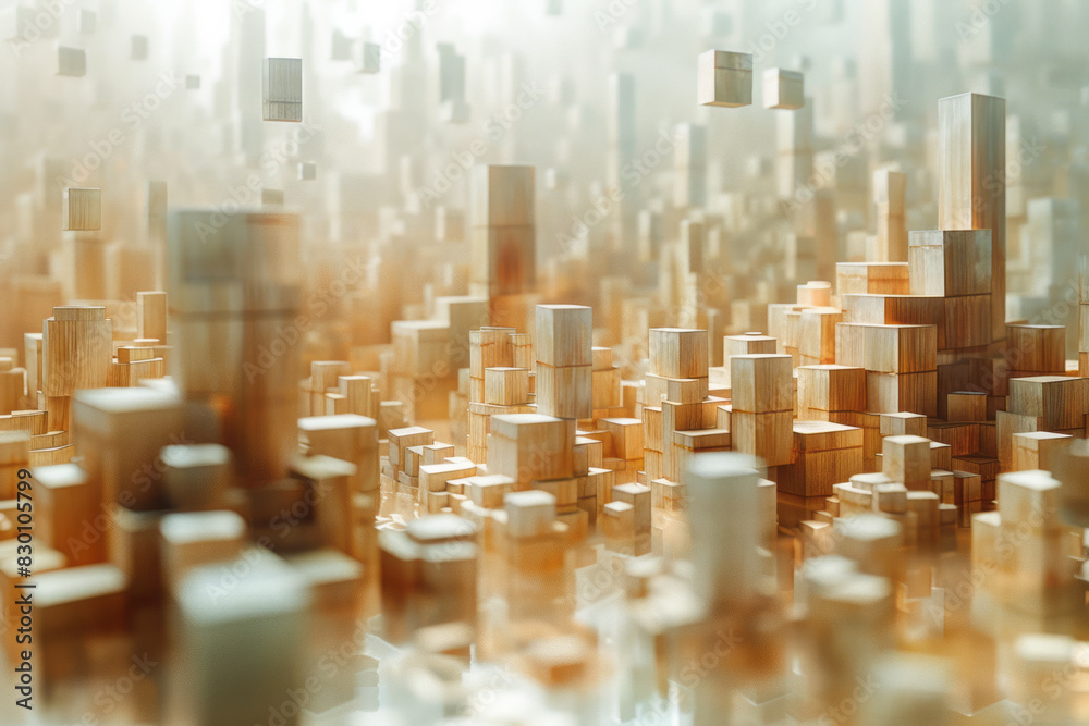 Poster scene showing an abstract metropolis with wooden blocks stacked unevenly, creating a dynamic and cha