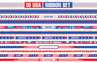4th of July American border ribbon set with various usa flag elements. Independence day decoration Vector illustration.
