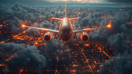 A plane is flying through a city at night with a bright orange glow