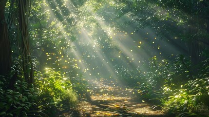 Obraz premium Serene nature path. Sunlight filters through the leaves of a dense forest, creating a cathedral-like atmosphere for a peaceful walk
