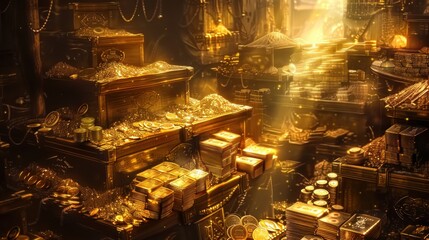 A treasure room filled with piles of gold bars, gold coins, and gold jewelry. The light shines brightly, making the gold shine.