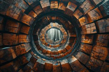 Scene of an abstract city with wooden blocks arranged in concentric circles, forming a radial urban design,