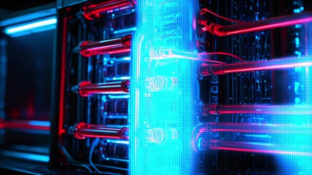 Telecommunication technologies, such as modems with fiber optic cables and routers, are vital components of the server room's setup.