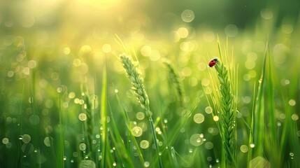 a ladybug perched delicately on a vibrant green paddy plant, with the soft morning light casting a warm glow over the scene.