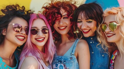 Obraz premium A group of cheerful young women with trendy hairstyles and fashionable outfits, posing together for a fun and vibrant photo.
