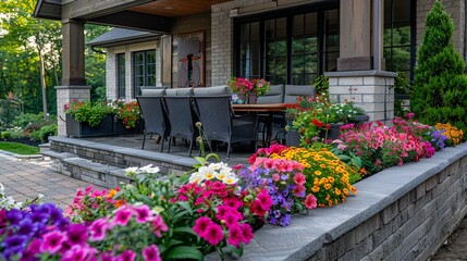 Brick Patio with Built-in Planters: colorful flowers, wooden dining table and cushioned chairs