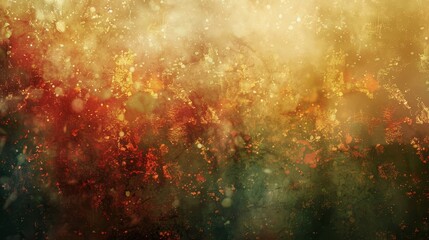 Misty textures overlay muted autumn reds and greens in abstract background