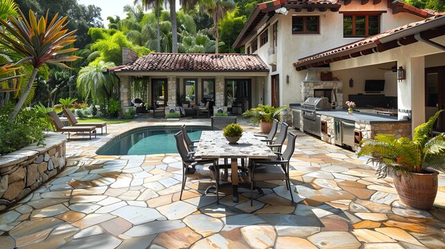 Flagstone Patio with Outdoor Kitchen,  built-in outdoor kitchen,  large dining table with weather-resistant chairs, alfresco dining