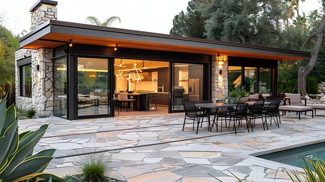  Modern Flagstone Patio, sleek, uniform flagstones with minimal grout lines, contemporary metal and glass dining furniture,  outdoor furniture, flagstone patio design, natural stone finish, modern pat