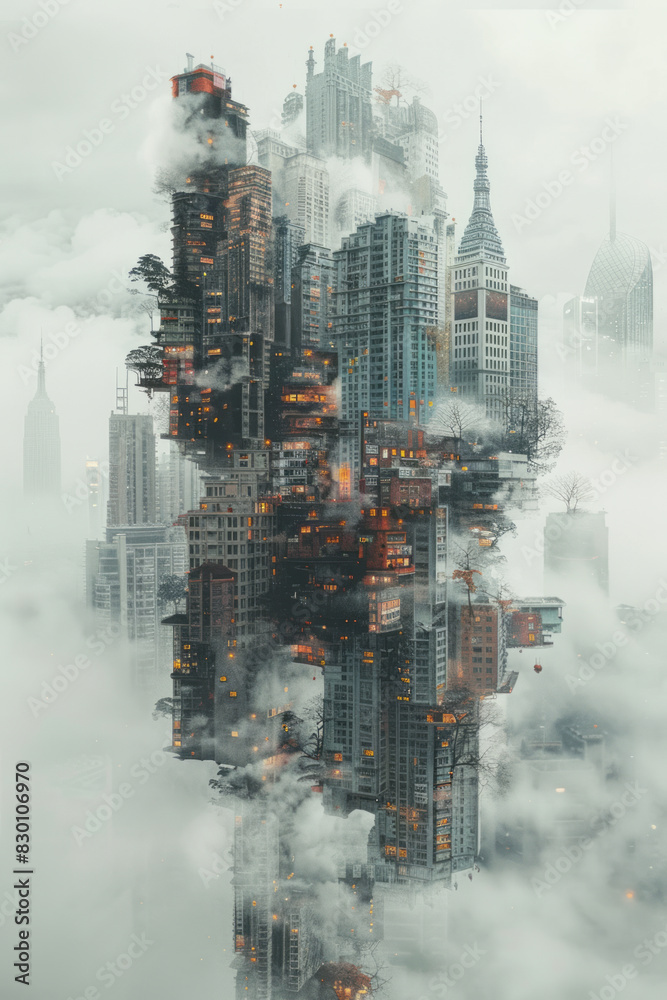 Aufkleber artistic rendering of a cityscape where each building is balanced on a single point, creating a sens