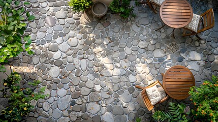 Exposed Aggregate Concrete Patio with wooden tables and chairs, top view