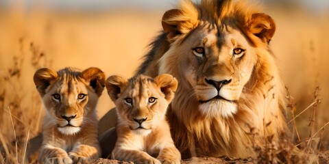 Lion family with cub resting in savanna grassland protecting wildlife together. Concept Wildlife...