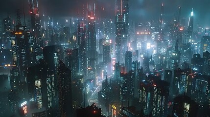 science and technology background featuring a futuristic cityscape bathed in the glow of neon lights