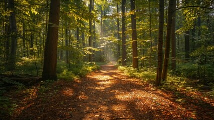 Obraz premium Serene nature path. Sunlight filters through the leaves of a dense forest, creating a cathedral-like atmosphere for a peaceful walk