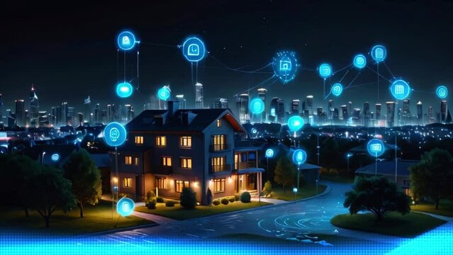 The smart home technology loop displays the banner illustrating the concept of intelligent house system control on a blue neon background.