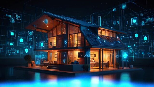 The looping smart home technology banner showcases the concept of intelligent system control in housing, set against a blue neon background.