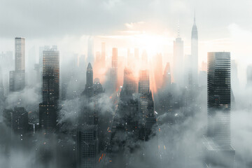 Artistic rendering of a city with tall, slender buildings that sway in the wind, giving a sense of instability,