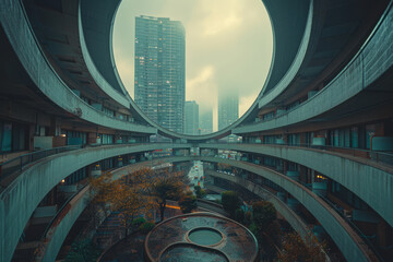Image of a futuristic city where buildings are stacked in a spiral, with each level leaning precariously outward,