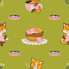 Cute seamless pattern with adorable cat characters knitting and balls of yarn