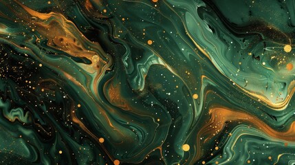 Serene autumn marbling with burnt sienna gold and emerald hues background