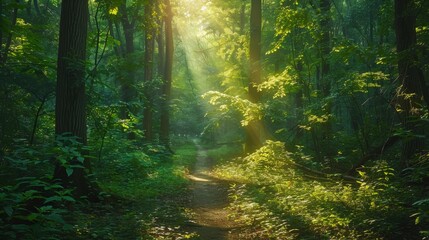 Obraz premium A sun-dappled path winds through a dense forest, the leaves filtering sunlight and creating a tranquil symphony of greens for your nature walk