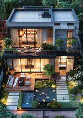 Fototapeta premium Modern Villa with Lush Courtyard and Garden