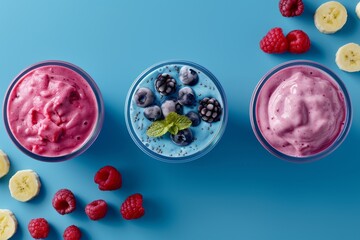 Overhead view of berry smoothies in glass jars surrounded by assorted berries on a dark background.