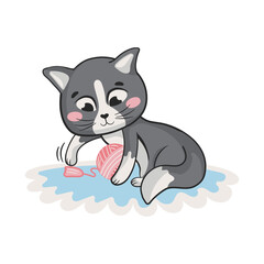 Adorable cat character playing with ball of yarn
