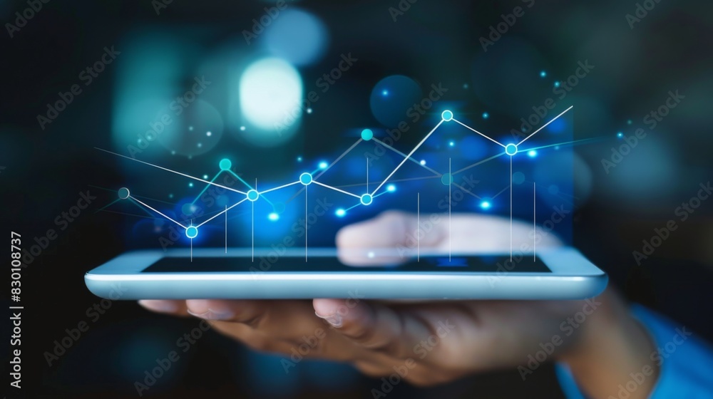 Aufkleber A hand holding a tablet displaying a line graph with trend lines and data points, analyzing patterns and forecasting future trends.