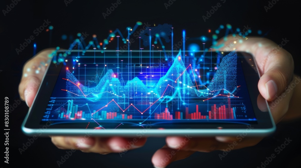 Aufkleber A hand holding a tablet displaying a line graph with trend lines and data points, analyzing patterns and forecasting future trends.
