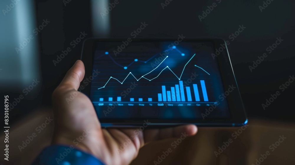 Aufkleber A hand holding a tablet displaying a line graph with trend lines and data points, analyzing patterns and forecasting future trends.