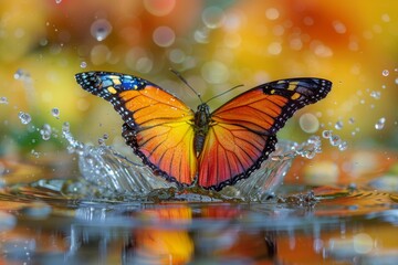 A colorful butterfly is floating on a body of water