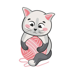 Cute cat character playing with the pink yarn